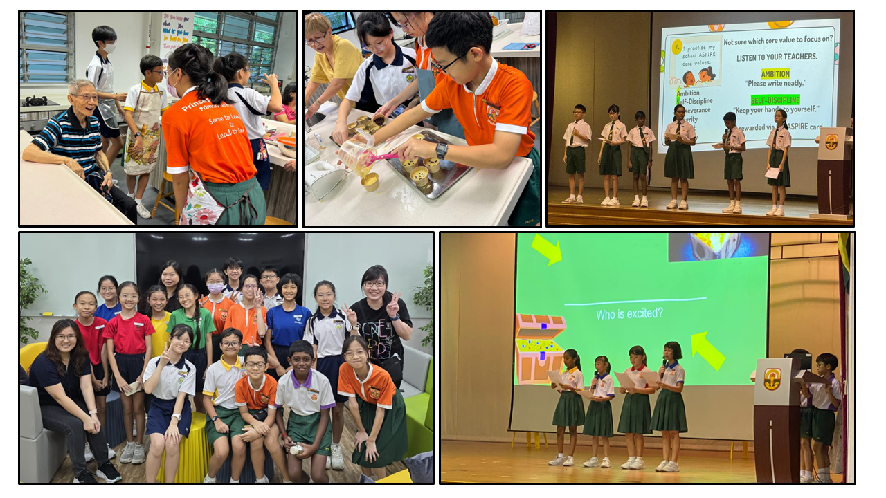 Five photos of school students in uniforms doing hands-on activities, group posing, and presenting on stage.